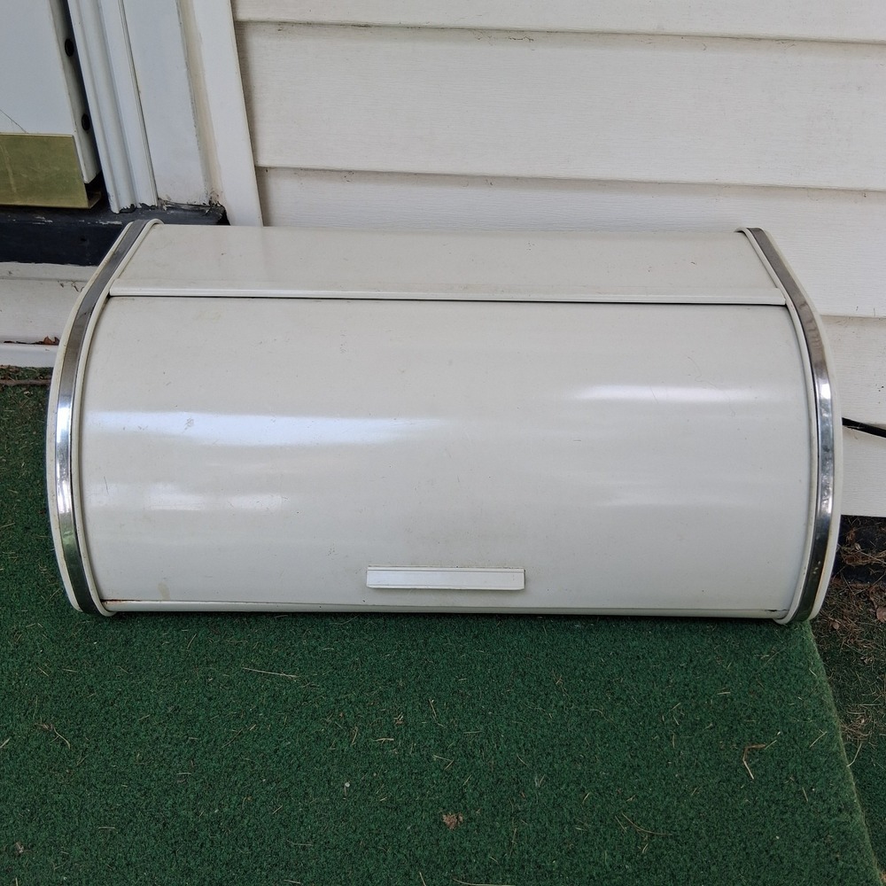 Vintage MCM Metal White Enamel Chrome Rolltop Bread Box Rockabilly Shabby